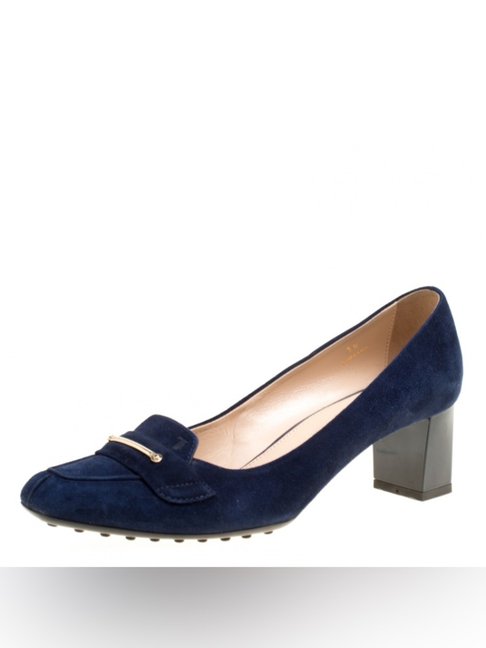 Tod’s Navy Suede Block Heel Loafer Pumps Gold Bar Square Toe Gommino Italy 39.5